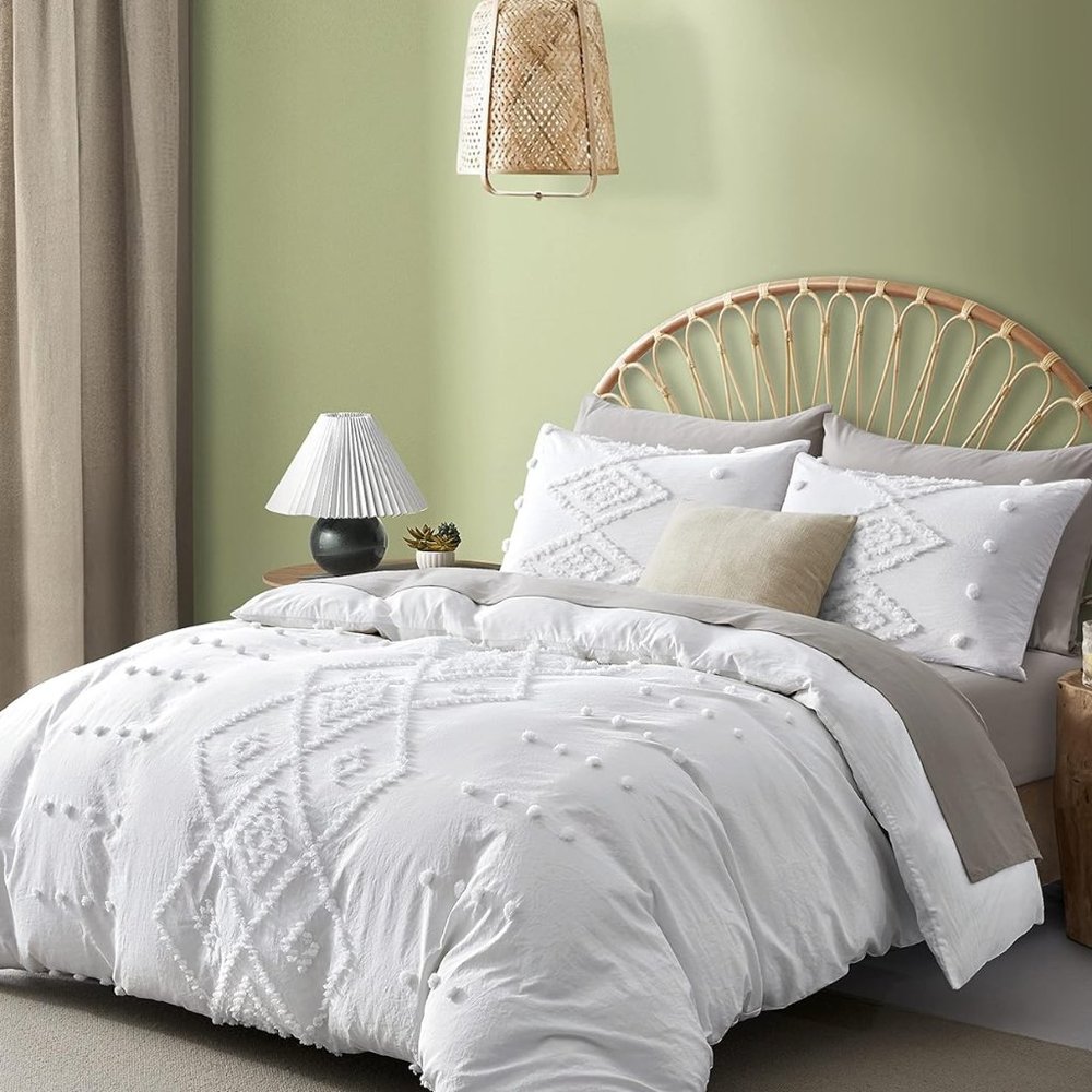 NEW Boho White Tufted Style Jungalow Bohemian KING 3PC DUVET Cover Bedding SET